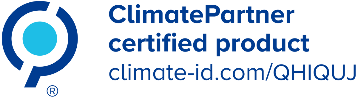 ClimatePartner certified product badge with a blue circular logo and text reading 'ClimatePartner certified product' and 'climate-id.com/QHIQUJ' on a white background.